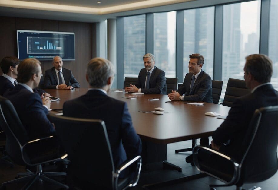 A group of business executives discussing digital security and data protection strategies in a boardroom meeting