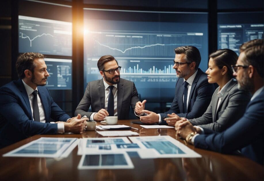 A group of executives discussing digital strategy in a boardroom, with charts and graphs displayed on a large screen