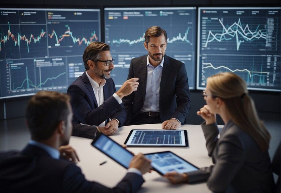 A group of business executives discussing digital strategy, surrounded by charts and graphs. The focus is on customer satisfaction and innovative solutions