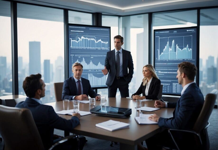 A boardroom meeting with digital technology on display, executives discussing market trends and corporate governance