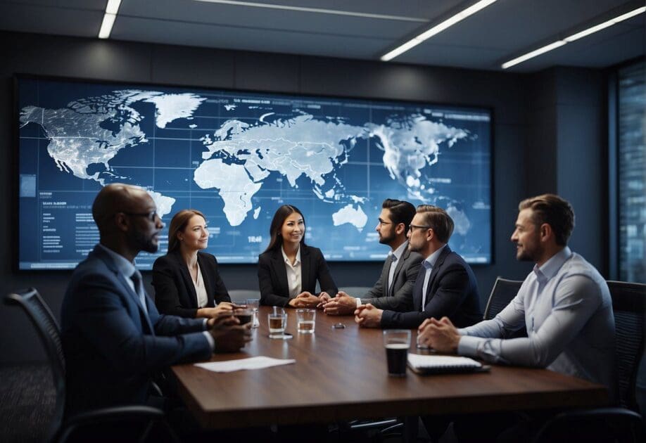 A group of business professionals gather in a modern, tech-filled boardroom, discussing strategies for navigating a constantly disrupted world. Graphs and charts adorn the walls, showcasing digital trends and data