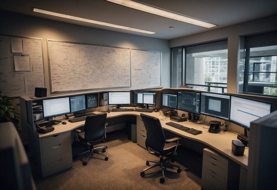 Bill Gates' innovative mind: a bustling office with computer screens, books, and brainstorming notes scattered on the desk. A whiteboard displays complex equations and diagrams