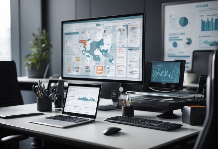 A modern office desk with a computer screen displaying a CRM software interface, surrounded by interconnected devices and a network diagram on a whiteboard