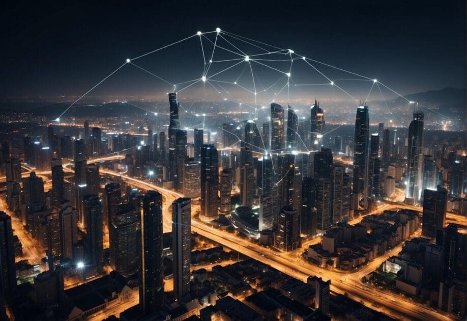 A modern city skyline with interconnected buildings and networks, breaking free from restrictive vendor lock-in