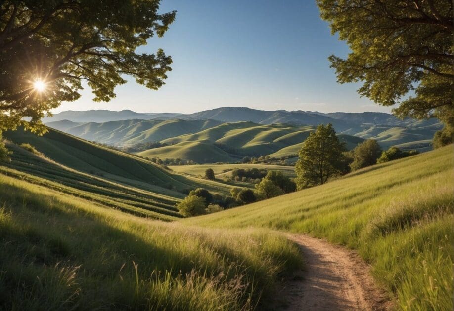 A serene landscape with rolling hills, lush greenery, and a clear blue sky, symbolizing the optimism and potential of long-term perspectives