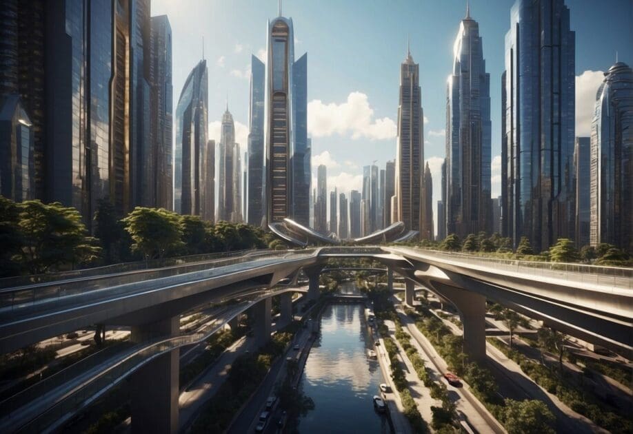 A futuristic cityscape with towering skyscrapers and advanced technology integrated into every aspect of daily life