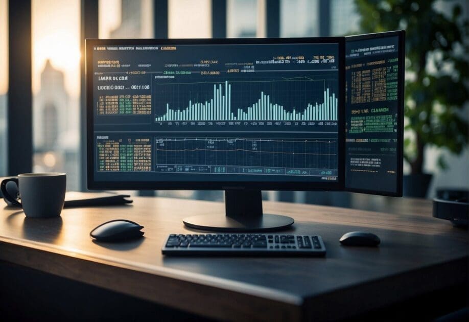 Wall Street and big corporations investing in AI, symbolized by a computer with complex algorithms and financial charts