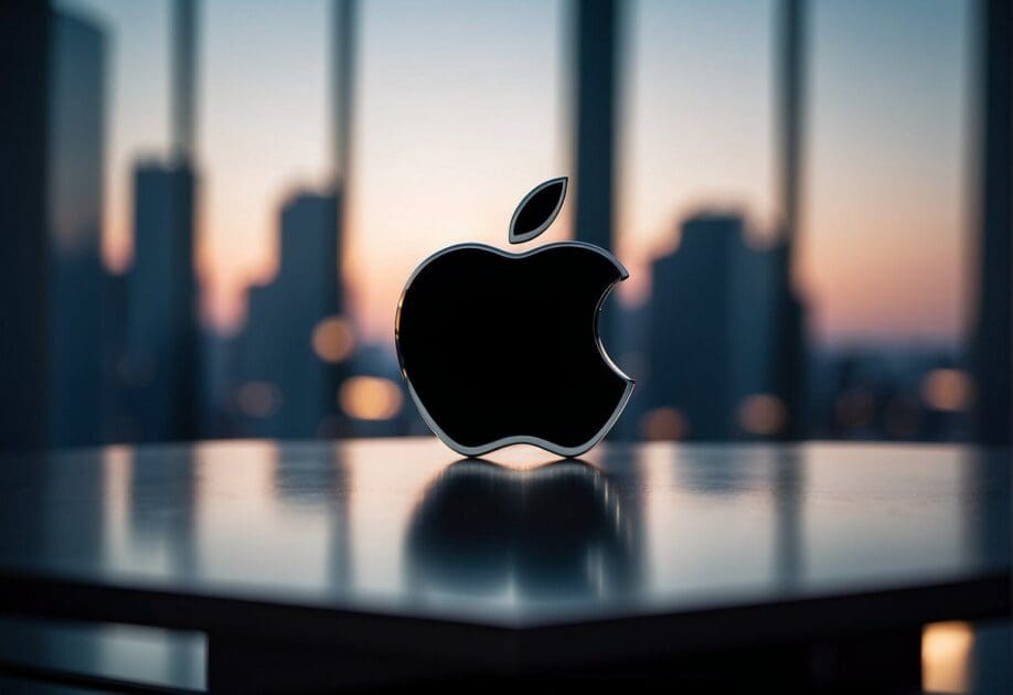 The iconic Apple logo is prominently displayed on sleek, modern devices in a minimalist, futuristic environment