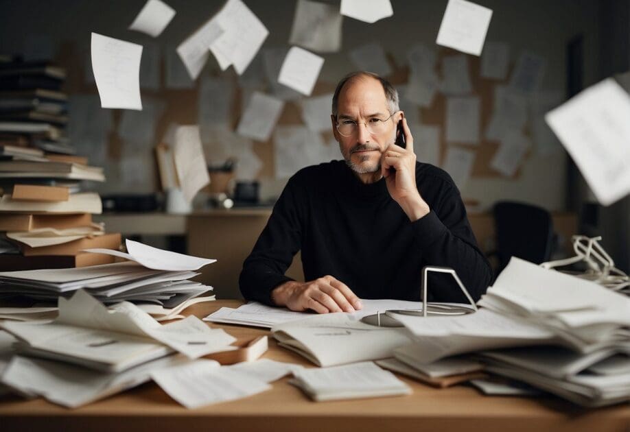 Steve Jobs' innovative mind depicted through a cluttered desk with scattered papers, technology prototypes, and design sketches