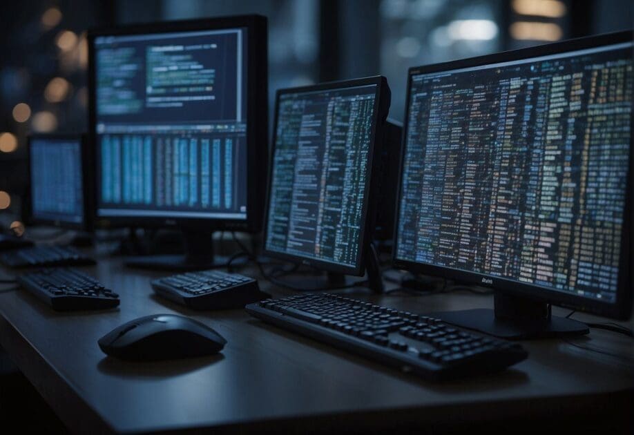 A computer screen displaying code and data sets, surrounded by books on machine learning and AI. A person's hand hovers over a keyboard, ready to start a new project