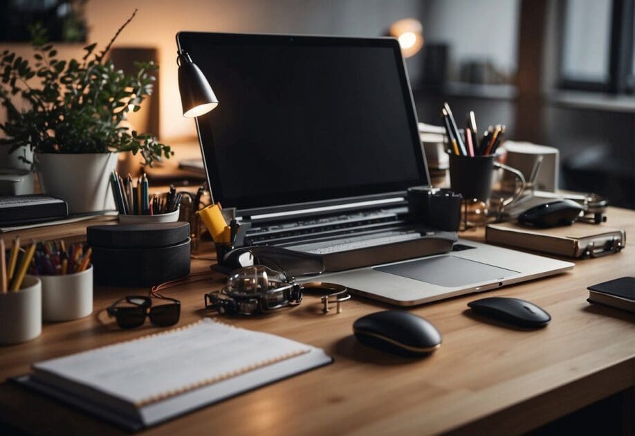 An office desk with a computer and AI tools, surrounded by creative materials. AI enhancing creativity in a workplace setting