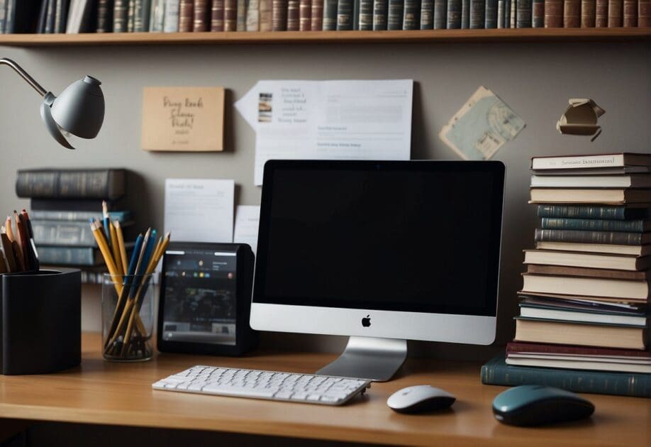 A cluttered desk with a sleek computer, scattered papers, and a notepad filled with scribbles. A bookshelf filled with tech books and a framed quote on the wall