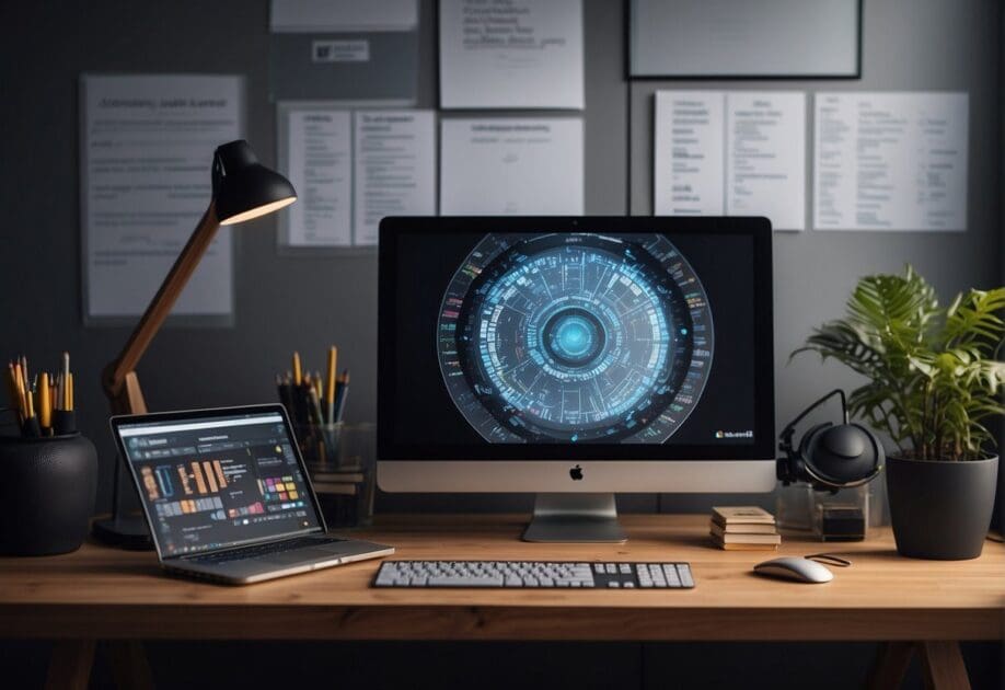 An office desk with a computer displaying AI technology, surrounded by creative tools and a brainstorming board