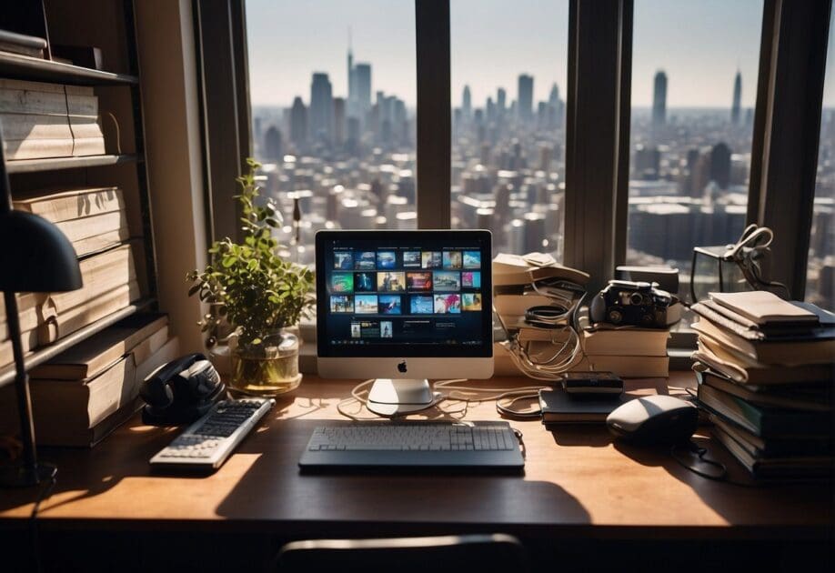 A cluttered desk with a computer, notepads, and scattered papers. A bookshelf filled with tech-related books. A window with a view of a bustling city