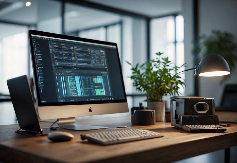 A desk with a computer, AI software, and various tools for learning and using artificial intelligence in a professional setting