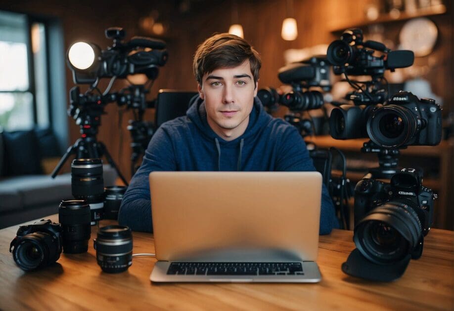 MrBeast's journey begins, surrounded by cameras and equipment. A laptop displays content creation tips