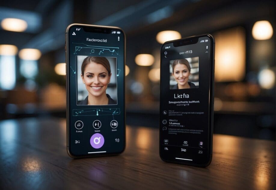 A smartphone with the Facecheck ID app open, displaying a clear facial recognition process