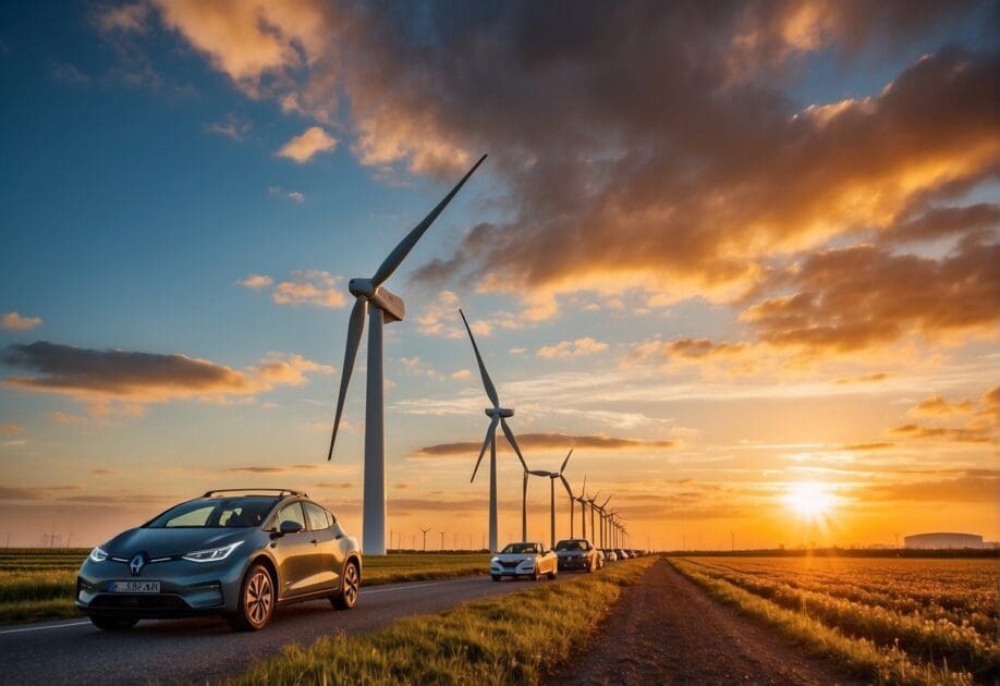 A wind turbine stands tall against a vibrant sunset, surrounded by solar panels and electric vehicles. A smart grid connects them all, while a drone surveys the scene