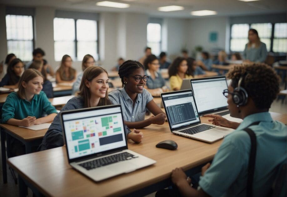 A classroom with traditional teaching methods being transformed by AI technology, with students engaged in interactive and personalized learning experiences