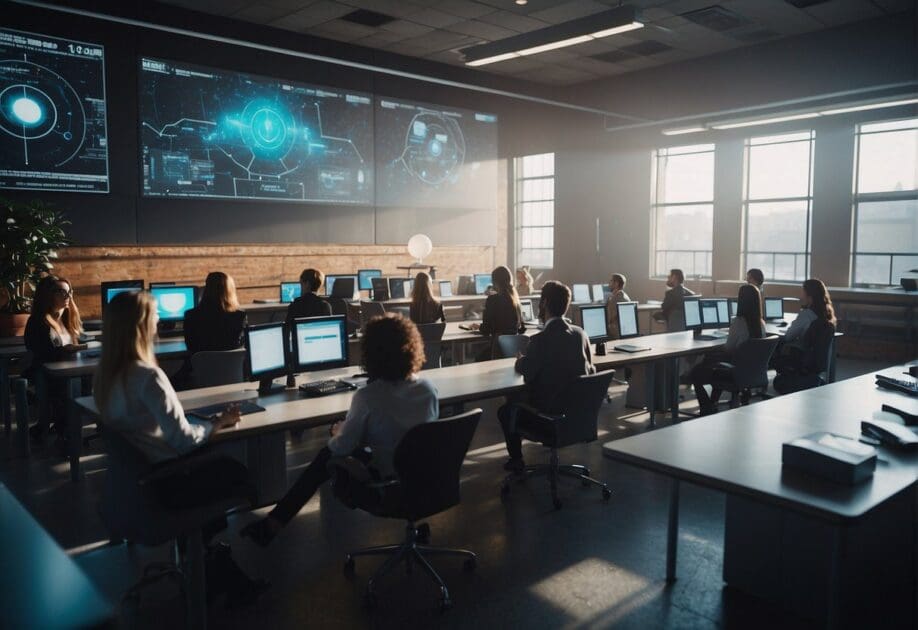 A classroom filled with futuristic technology, holographic displays, and AI-powered learning tools