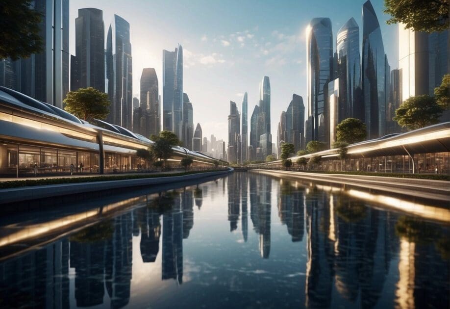 A futuristic cityscape with advanced AI technology integrated into everyday life. Futuristic buildings, autonomous vehicles, and smart infrastructure showcase the cutting-edge technology of 2024