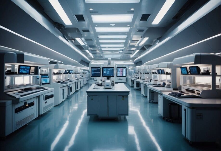 A futuristic laboratory with advanced biotech equipment and personalized medicine technology. Bright lights illuminate the sleek, modern space filled with cutting-edge machinery and computer screens displaying complex data