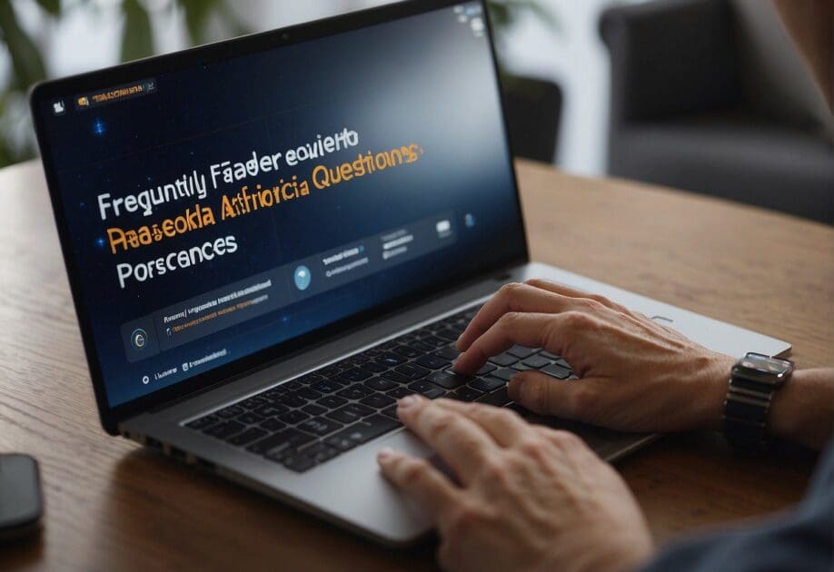 An open laptop displaying "Frequently Asked Questions Aprenda a usar Inteligência Artificial no Trabalho" with a person's hand hovering over the keyboard