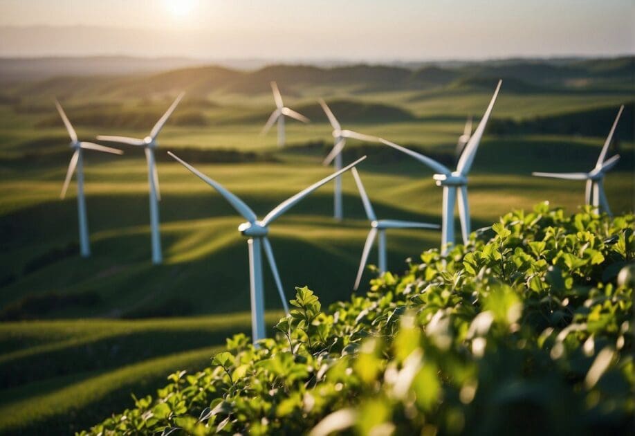 A lush green landscape with wind turbines and solar panels, symbolizing technology combating climate change