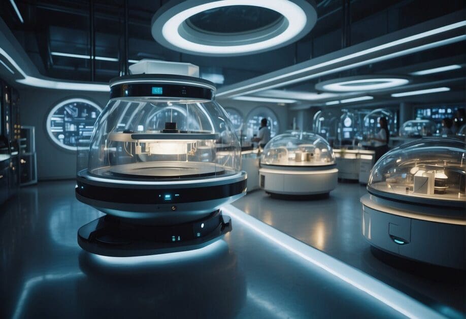 A futuristic laboratory with swirling energy, advanced technology, and a time machine prototype