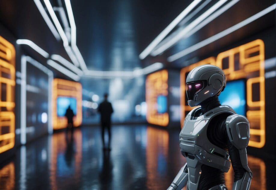 A digital figure stands before a glowing screen, surrounded by futuristic technology and a sense of awe and wonder