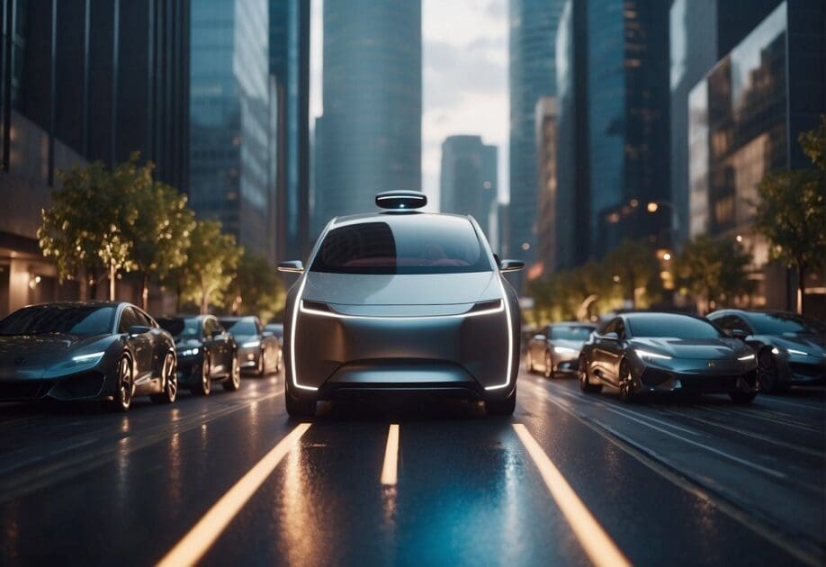 A futuristic cityscape with self-driving cars navigating through streets, while drones and robots assist with deliveries and maintenance tasks