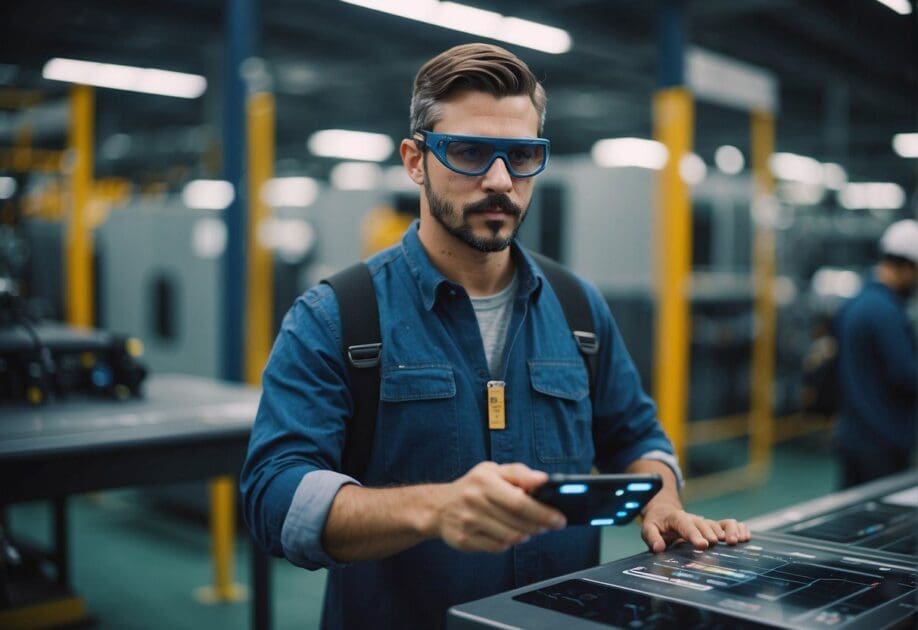 An industrial worker uses augmented reality to visualize and interact with virtual components in a factory setting