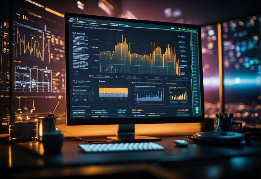 A computer screen displaying AI algorithms and data analysis tools in a professional setting