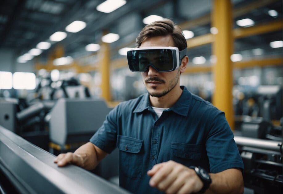 A worker in a manufacturing plant uses augmented reality glasses to view and interact with virtual data overlaid on the machinery and production line