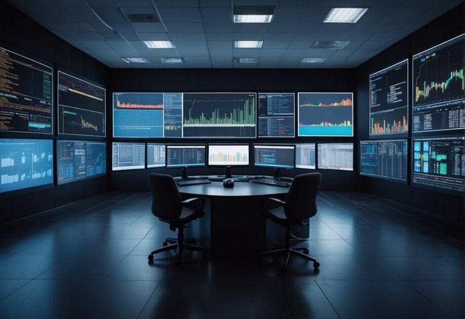 A room filled with computers and data servers, with colorful graphs and charts displayed on large screens, showcasing the power of big data in transforming everyday decisions