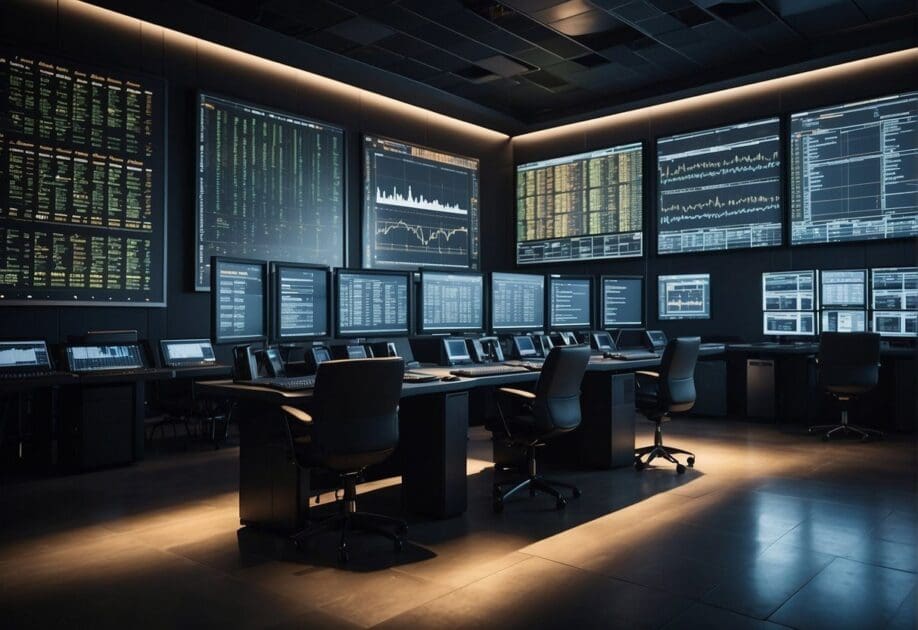 A room filled with computer servers and data cables, with digital screens displaying graphs and charts, showcasing the power of Big Data in decision-making