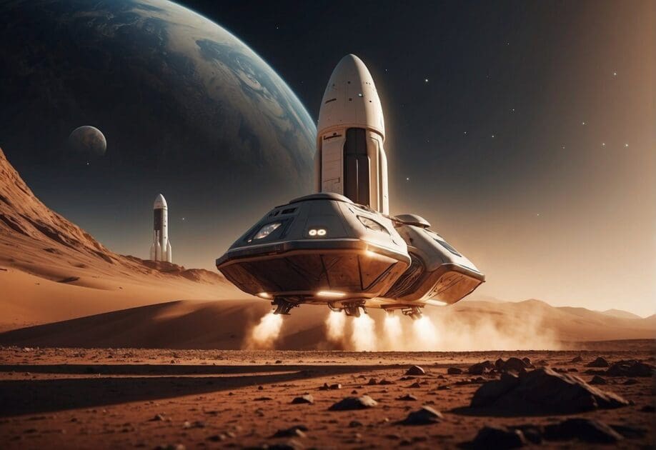 SpaceX's vision to colonize Mars: futuristic spacecraft launching from Earth, landing on the red planet, and building sustainable habitats