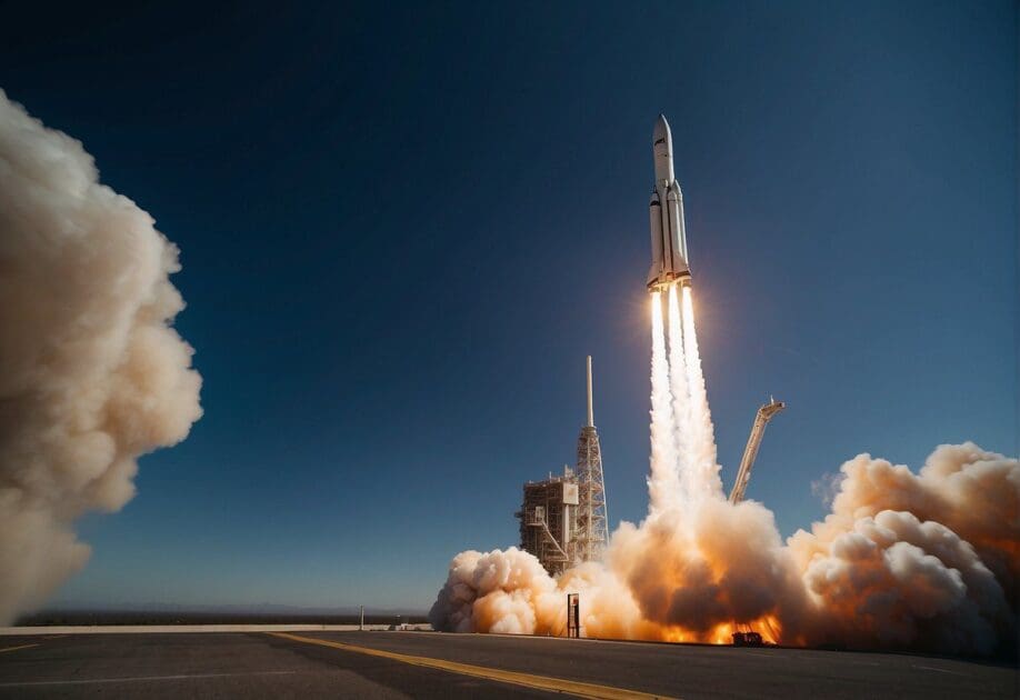 A rocket launches from a NASA space center, leaving a trail of smoke and fire as it ascends into the sky