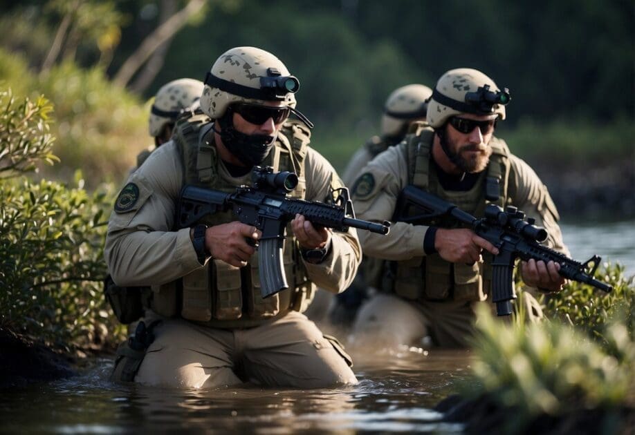 A group of Navy SEALs conducting a covert operation, utilizing advanced technology and stealth tactics to achieve their mission objectives