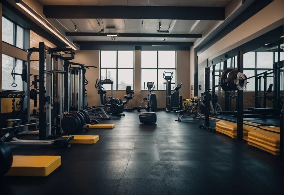 Athletes in a gym, surrounded by equipment and trainers, focusing on improving their physical and mental well-being