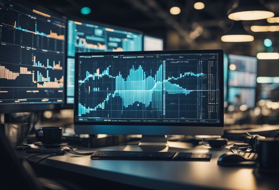 A computer screen displays data analysis and artificial intelligence tools, with code-free advanced analytics