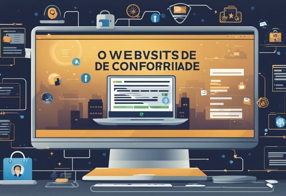 A desk with a computer displaying "Sendfox" website. A notebook with "Gestão de Contatos e Listas" written on it