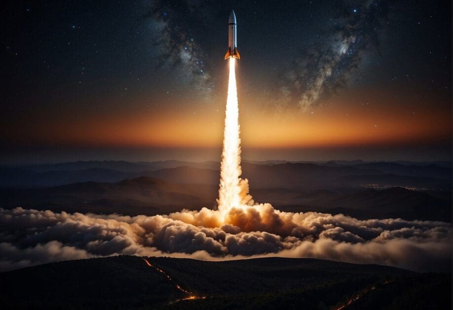 A rocket launches into the starry night sky, leaving a trail of fire behind as it ascends towards the moon. The Earth below is a distant, glowing orb against the darkness of space