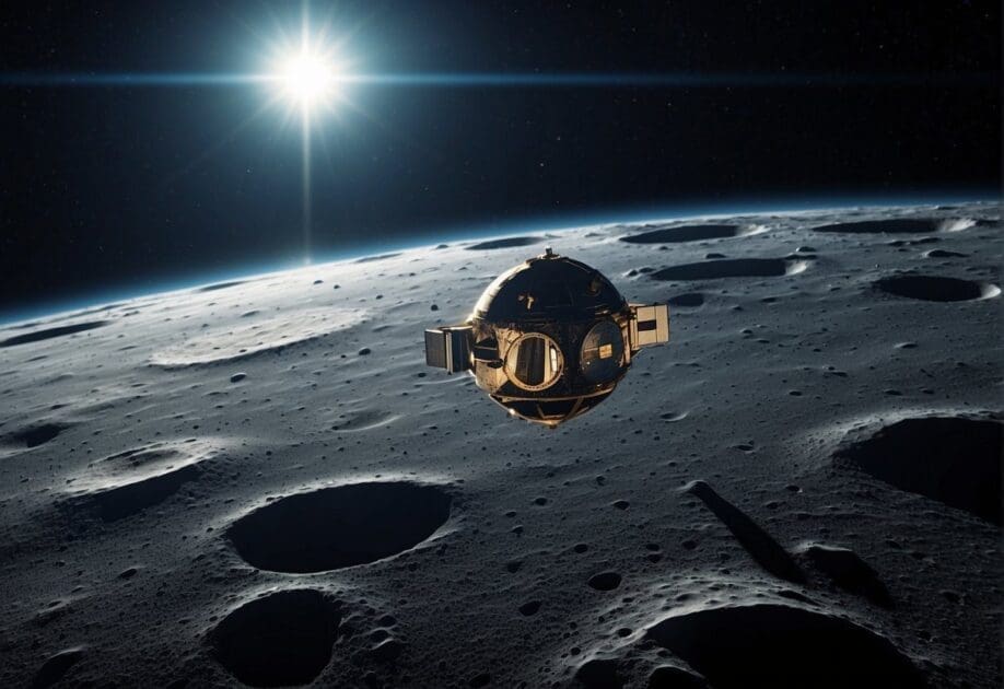 A spacecraft hovers over the moon's surface, casting a soft glow on the craters below. Earth looms in the distance, a mesmerizing blue and white orb against the blackness of space