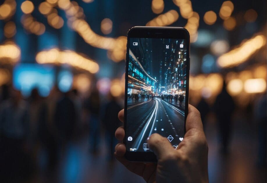 A virtual world emerges from a smartphone, blending with the real world. Digital elements interact with physical surroundings, creating an immersive experience