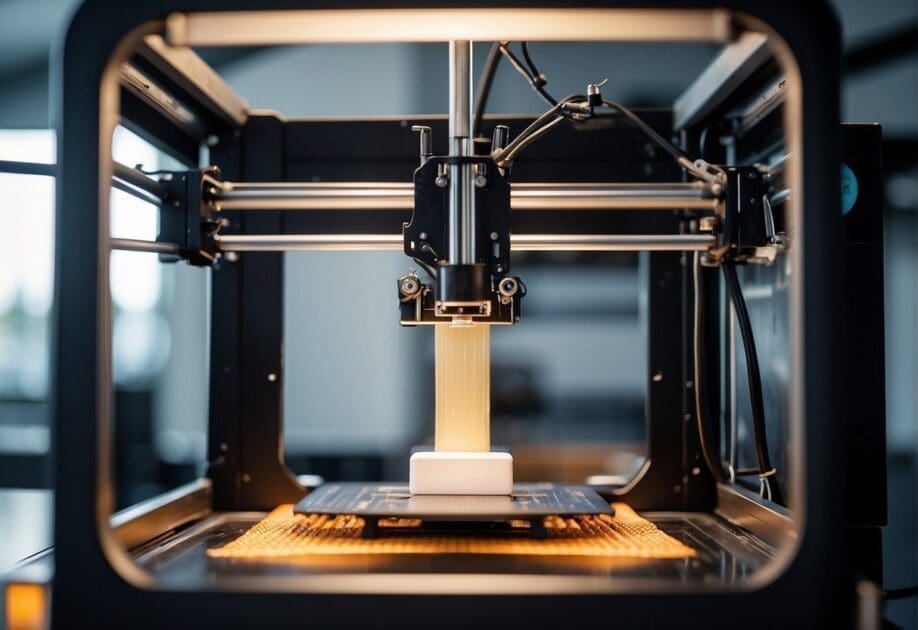 A 3D printer creating medical devices in a futuristic factory setting. Various innovative medical instruments and tools being produced with precision and efficiency