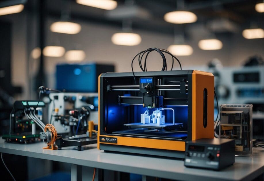 A 3D printer sits on a desk, surrounded by various objects it has created. The printer is connected to a computer, with a futuristic factory in the background