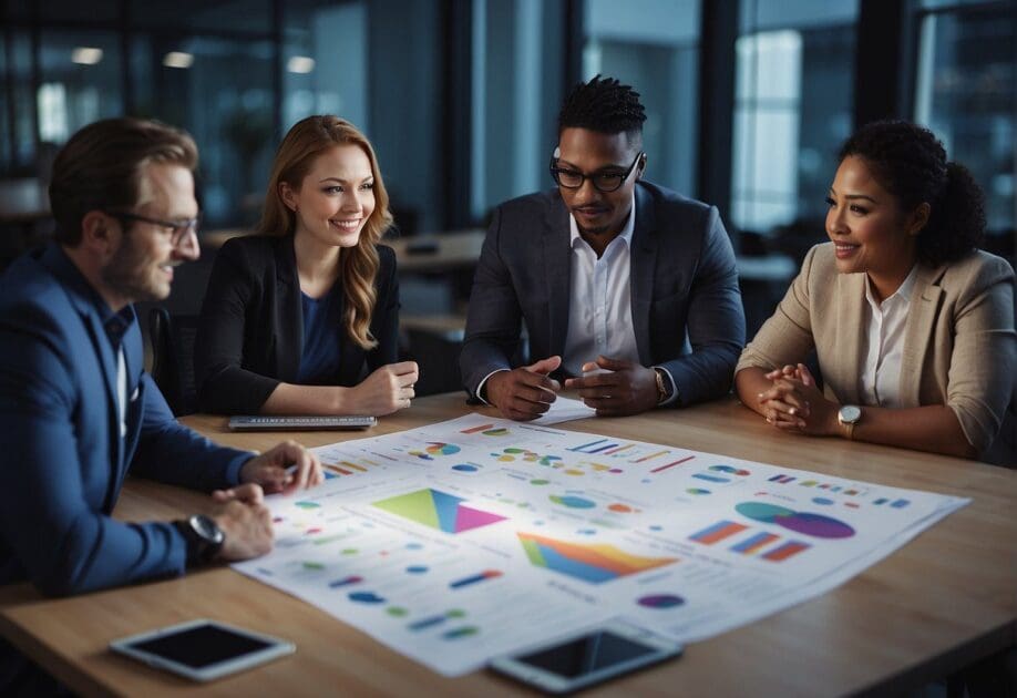 A group of diverse entrepreneurs brainstorming and planning in a modern office setting, surrounded by charts, graphs, and innovative business ideas