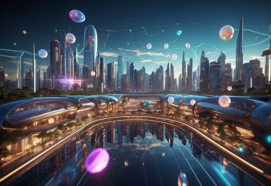 A futuristic metaverse cityscape with holographic displays and interconnected infrastructure, depicting the convergence of technology and reality