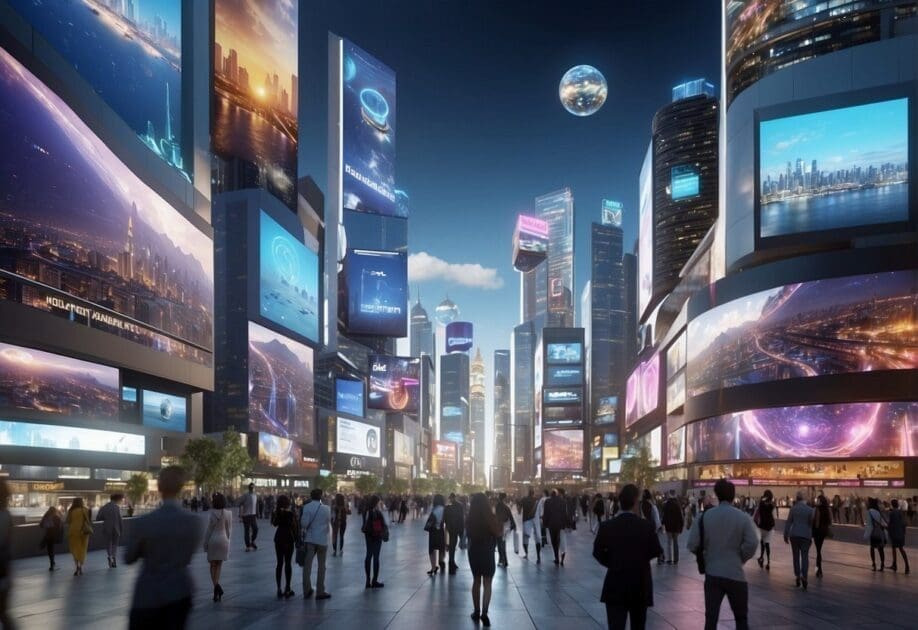 The Metaverse and Social Media: A futuristic cityscape with holographic billboards and virtual avatars interacting in a digital world